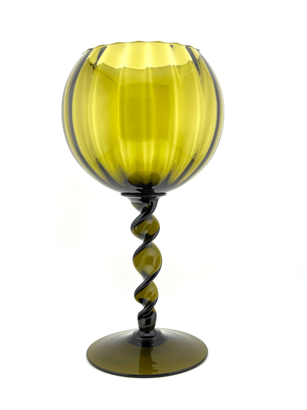 Vintage Empoli Avocado Green Optic Twisted Stem Hand Blown Glass Goblet